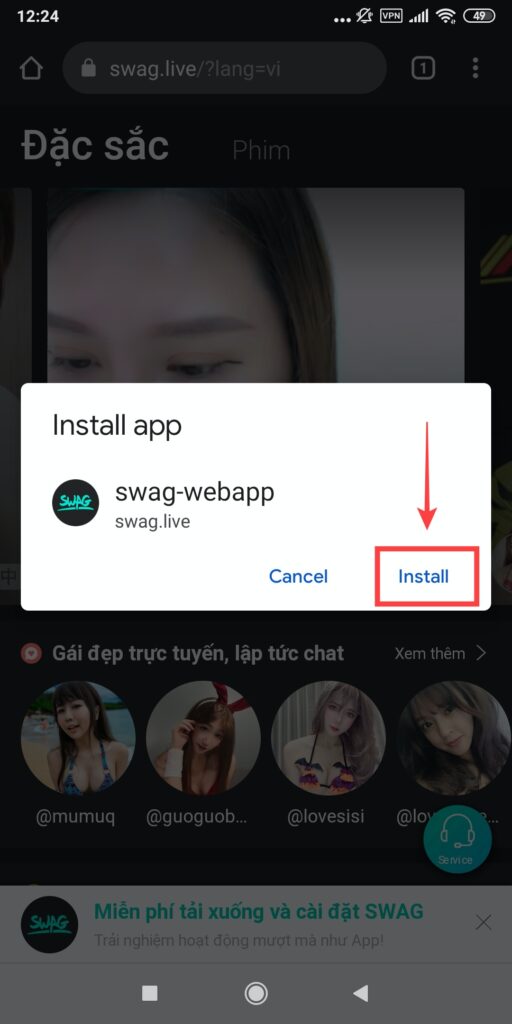 Bước 2: Nhấn vào "Install" (Cài đặt) để bắt đầu cài đặt SWAG vào điện thoại