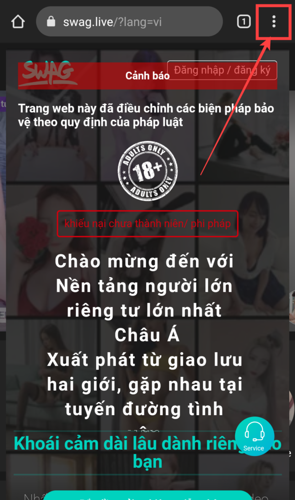 Bước 1: Truy cập vào trang web SWAG.LIVE và bấm vào biểu tượng 3 chấm ở góc phải trên cùng để hiển thị menu cài đặt