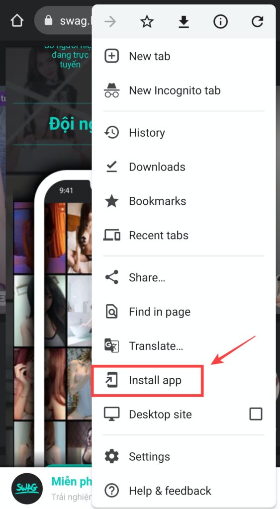 Bước 2: Chọn "Install app" (Cài đặt ứng dụng)