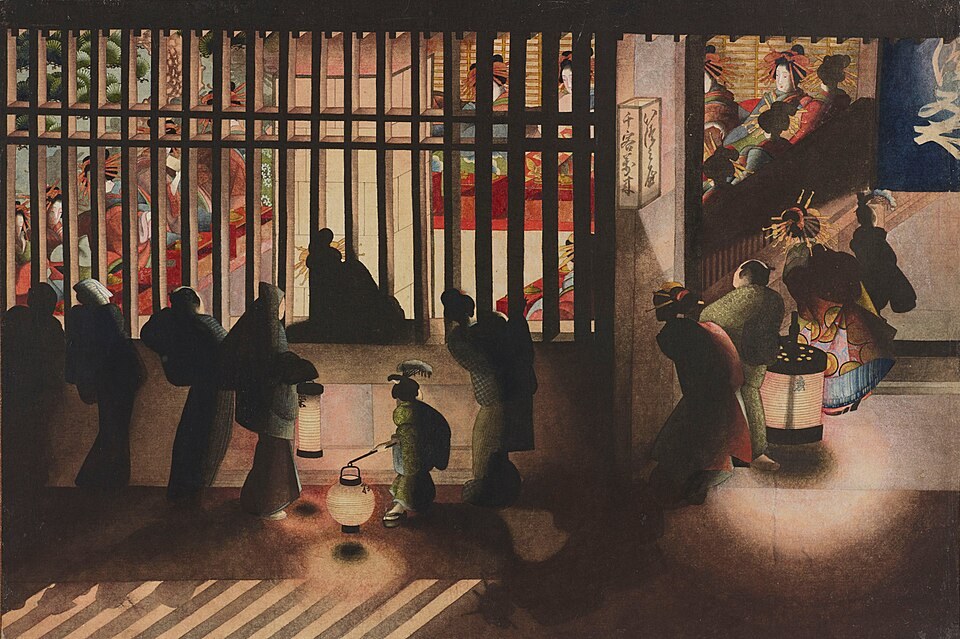 江戶時代浮世繪《吉原格子先之圖》，夜晚的吉原街頭，遊女在格子窗內，路人提著燈籠經過